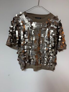 J. Crew Beige Crewneck Top with Black Label